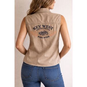 Vtg Biker Design Shirt Sleeveless Key West L Bike Week 2007 Tan Vest